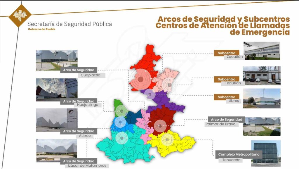 Mapa de ubicación de los arcos de seguridad que serán rehabilitados en Puebla.