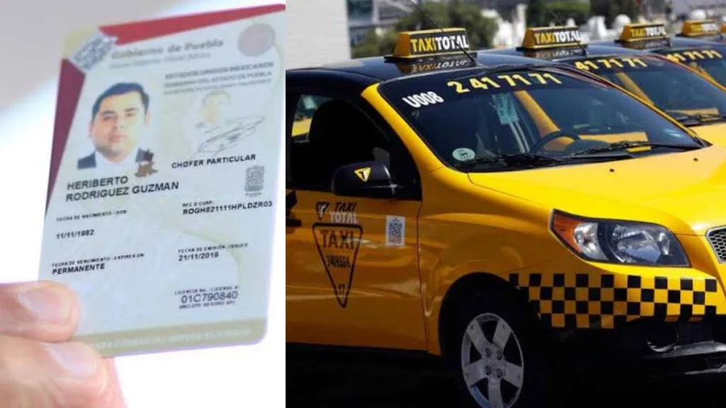 Licencia de conducir y taxi negro con amarillo