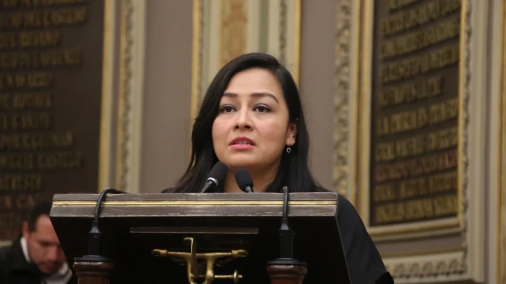 La diputada Lizette Minto García durante exposición de motivos en pleno del Congreso de Puebla.