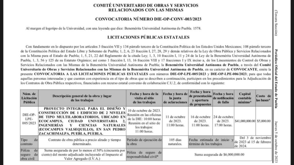 Ciudad Universitaria 2 de la BUAP: emiten licitación para construir tres edificios