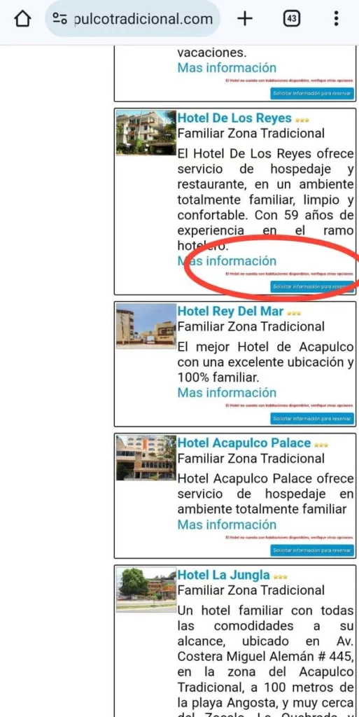 Así aparecen los hoteles en las páginas de turismo después del paso del huracán Otis.