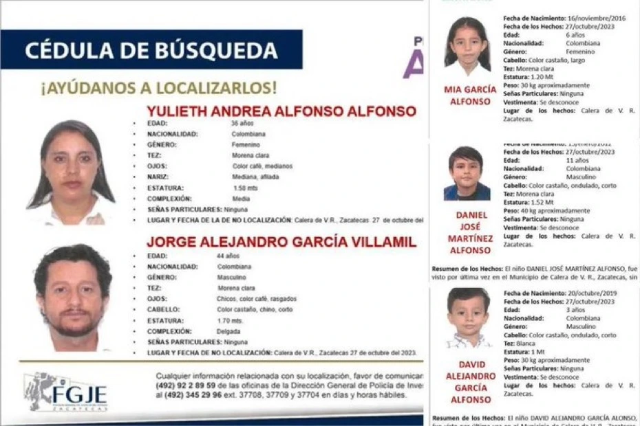 Cédula de búsqueda para el encontrar a una familia colombiana desaparecida en Zacatecas