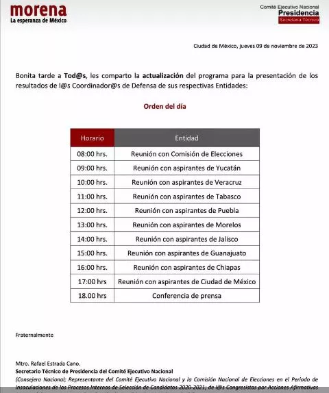 Encuesta en Morena para gubernatura aquí hora del anuncio