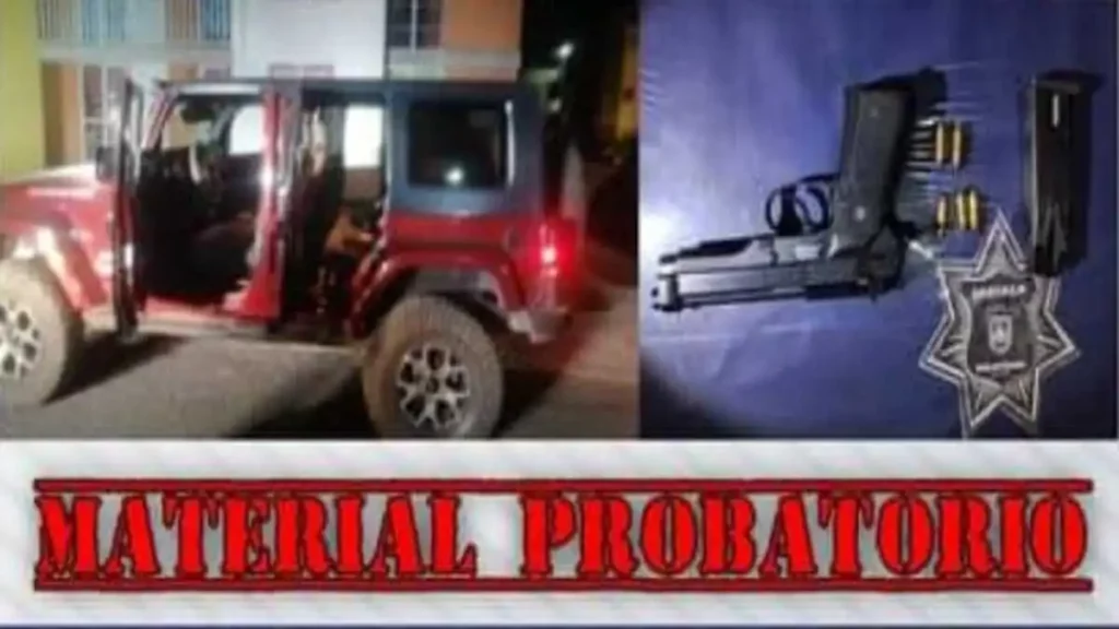 Vehículo y arma de fuego que forman parte del material probatorio del delito.