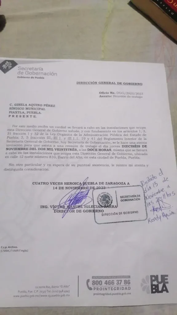 Documento de Segob Puebla donde cita a edil de Piaxtla, acusado de violencia política de género.