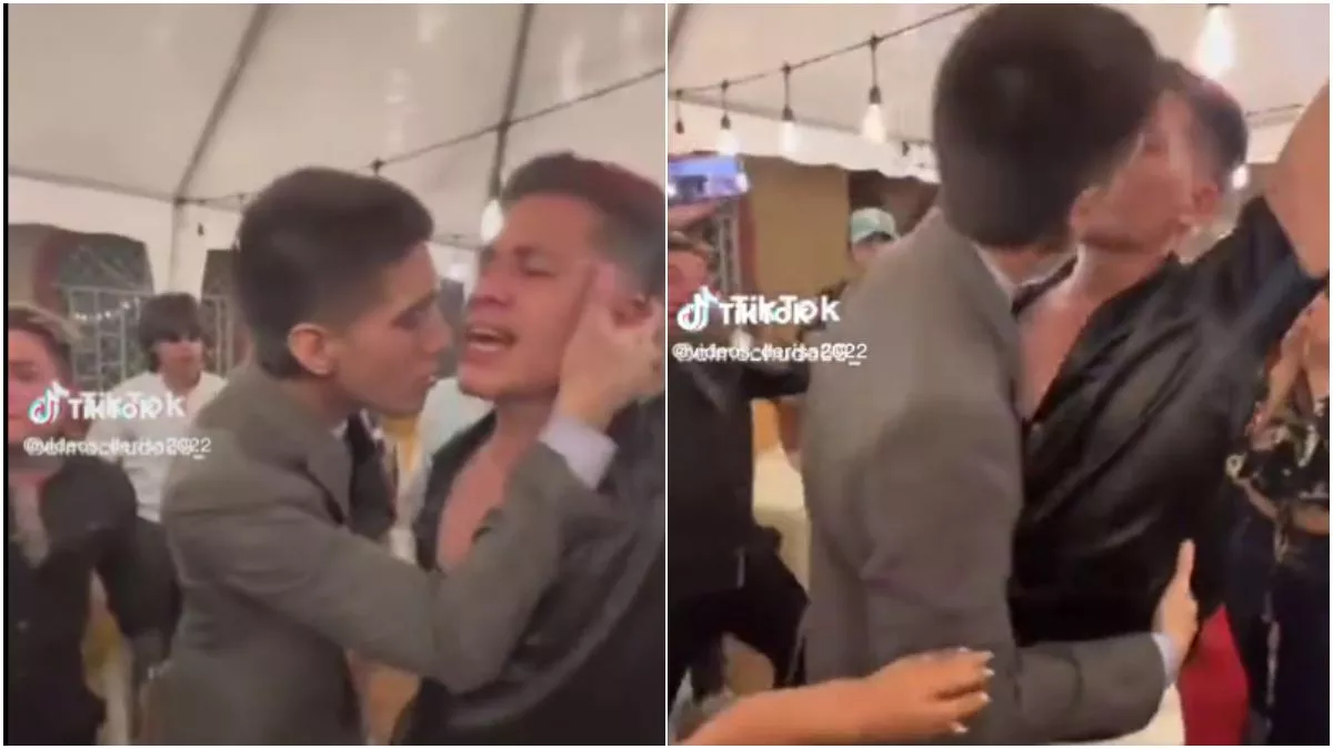 Invitado besa a novio frente a su esposa en plena boda