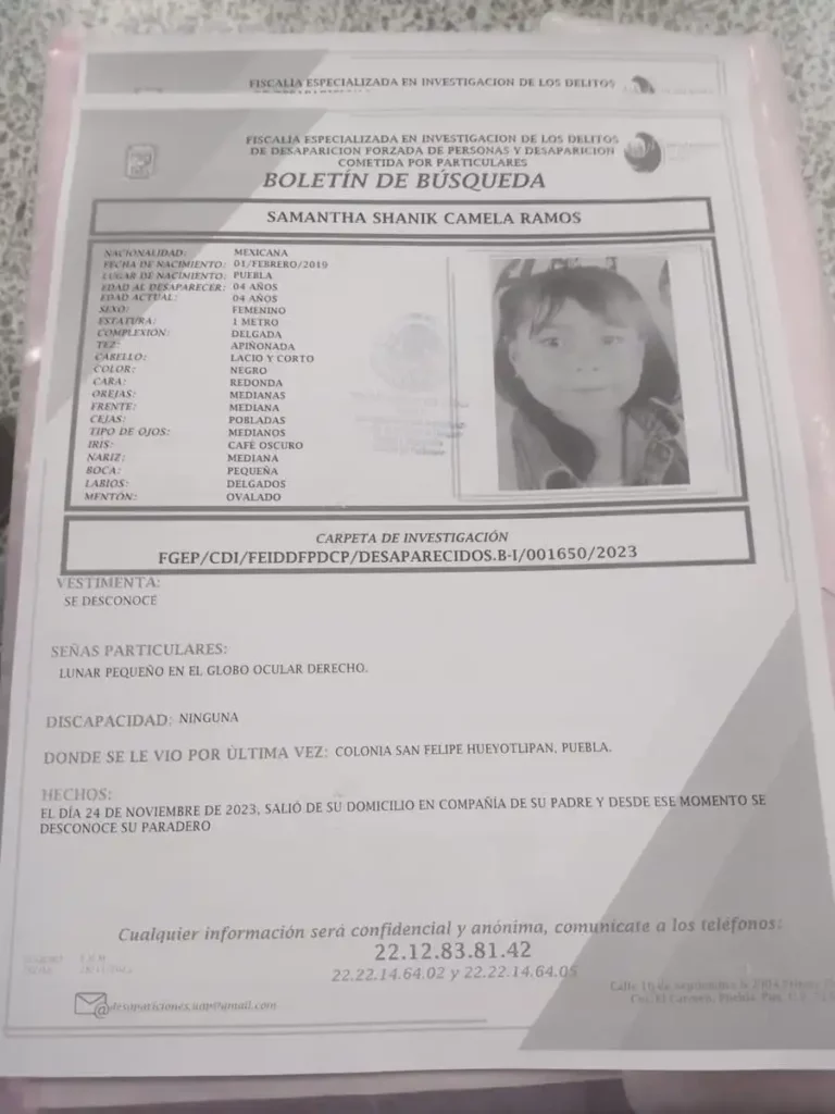 Ficha de búsqueda de Samantha Camela Ramos, niño desaparecido con su padre y hermanito en Puebla.