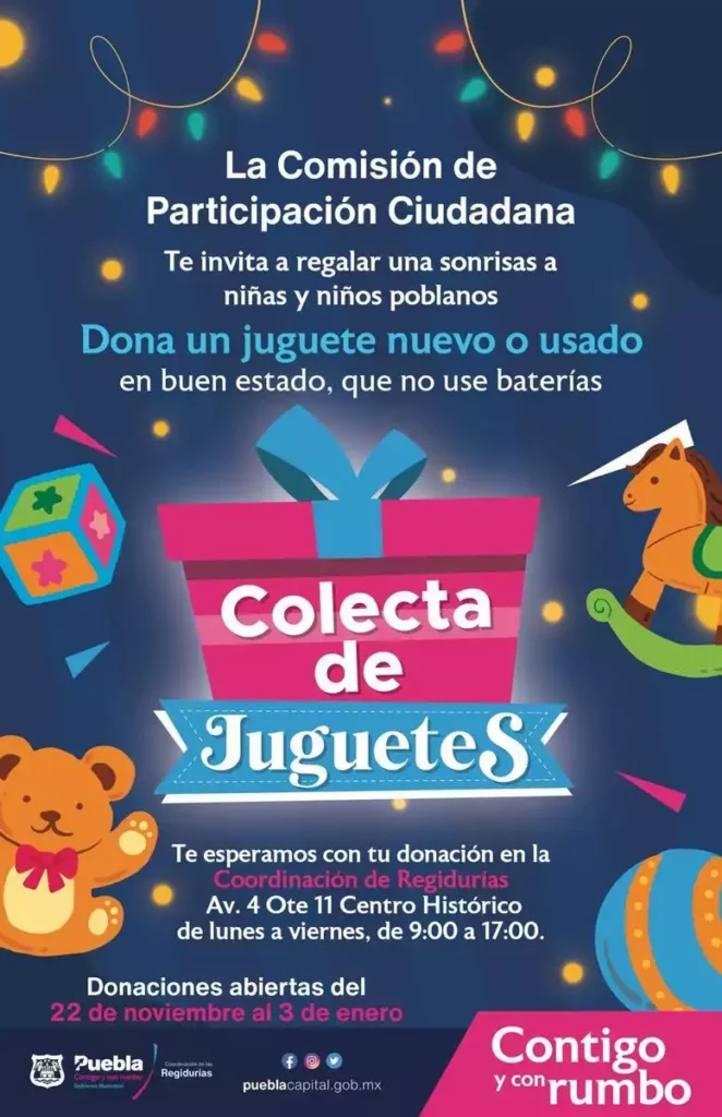 Cartel de colecta de juguetes en Ayuntamiento de Puebla por Día de Reyes.
