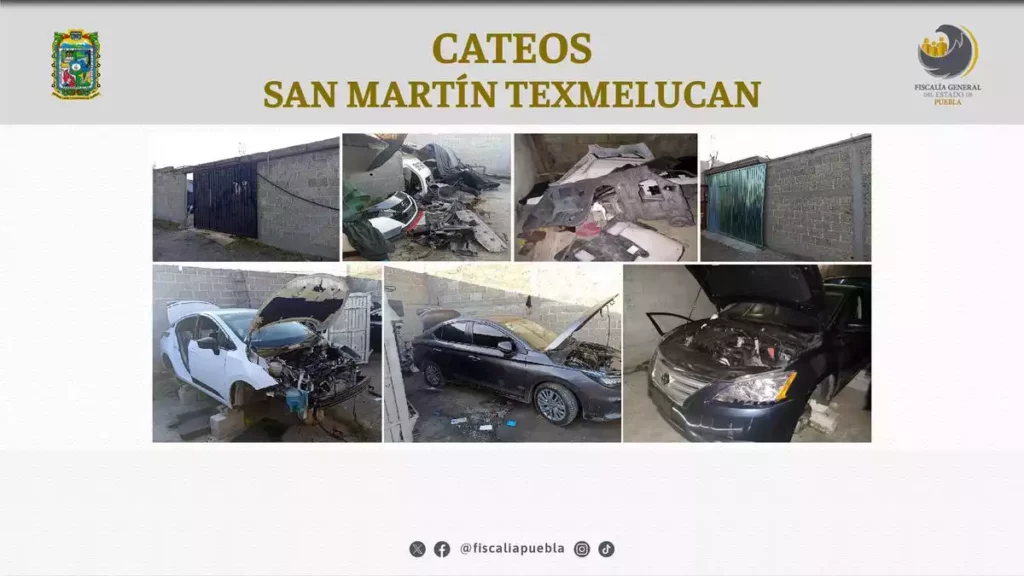 Autos y autopartes robadas que ministeriales encontraron en cateo en Texmelucan.