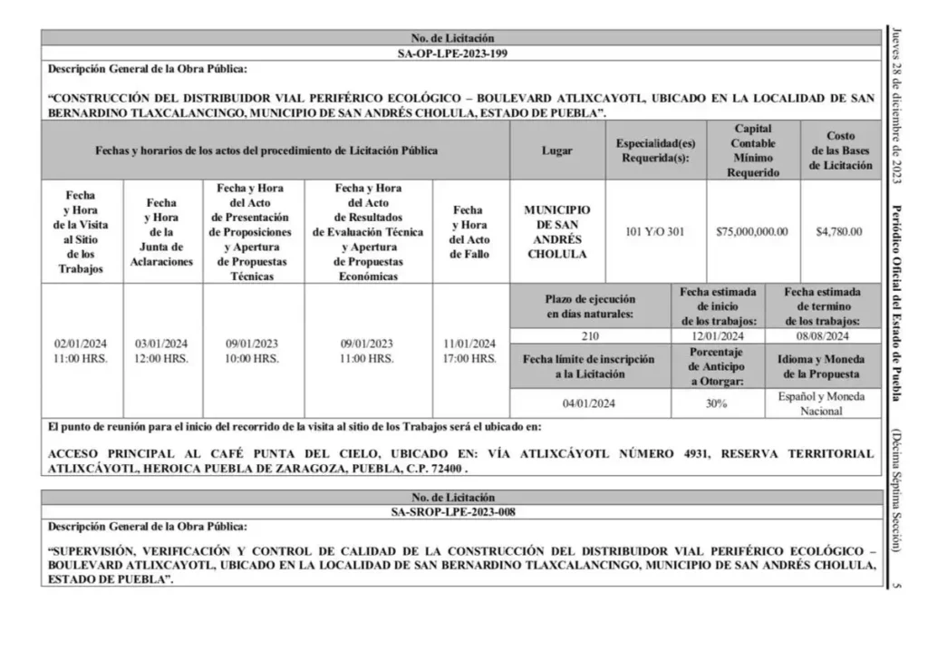 Documento de licitación de construcción de distribuidor vial de Periférico y la Atlixcáyotl.