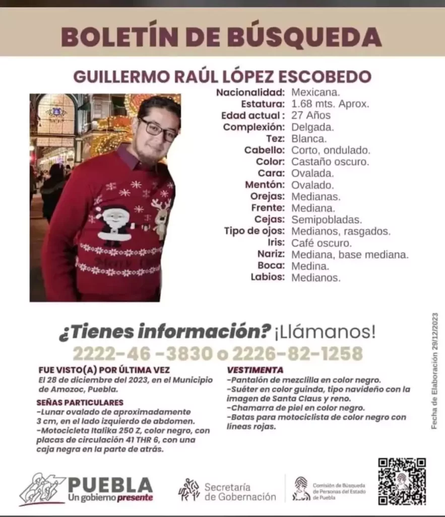 Ficha de búsqueda de Guillermo Raúl López, desaparecido en Amozoc, Puebla.