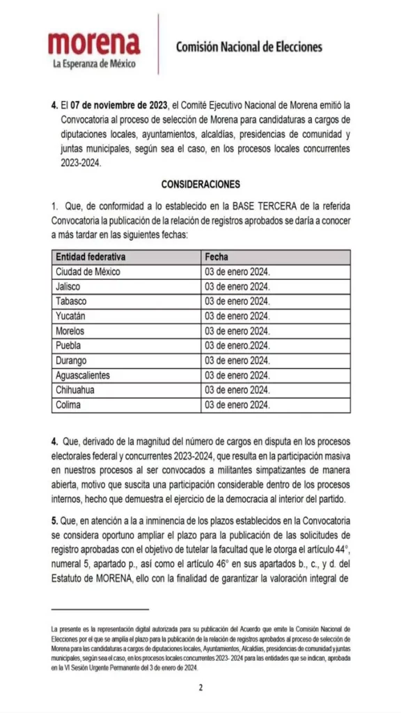 Documento de la tabla de fechas de Morena para anunciar candidaturas.