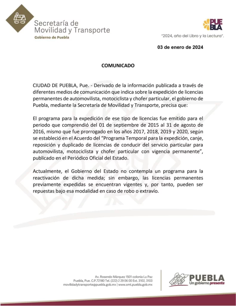 Comunicado oficial donde se informa que no hay licencias permanentes en Puebla
