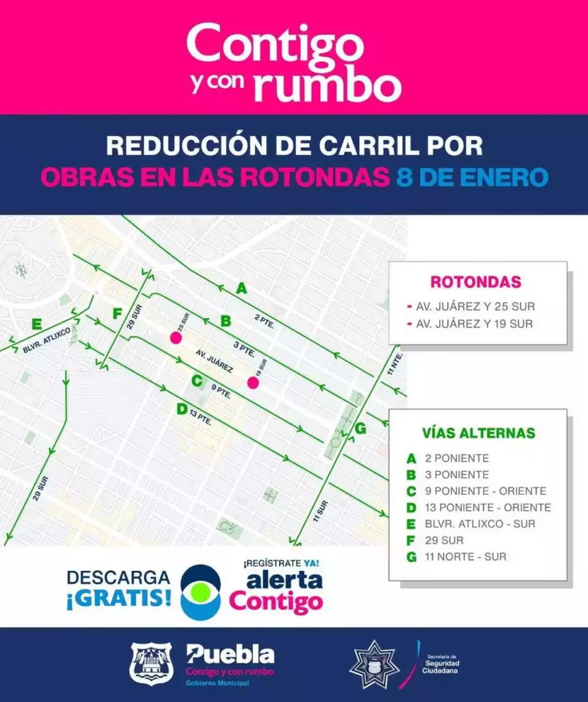 Mapa de cierre de calles en avenida Juárez, Puebla.