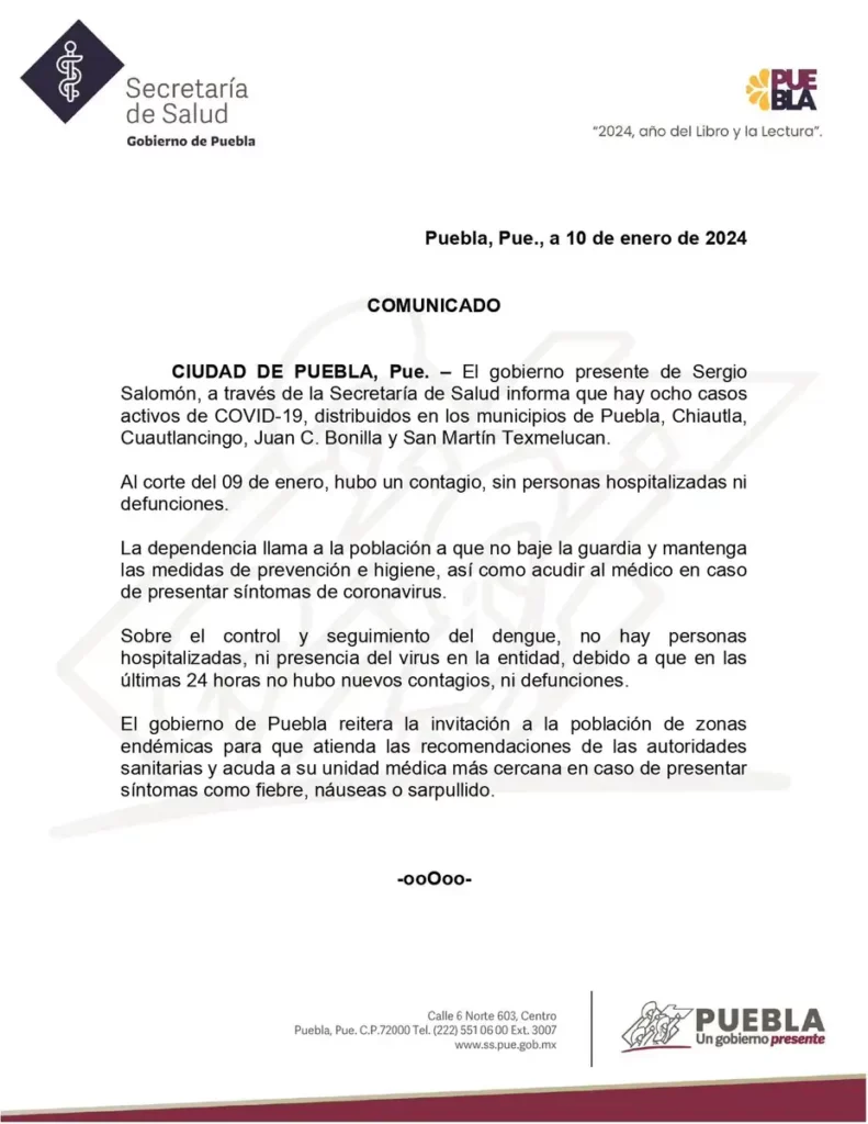 Reporte de la Secretaría de Salud sobre casos Covid-19 en Puebla