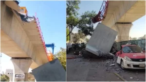 Dos autos aplastados tras desplome de estructura del tren interurbano en CDMX