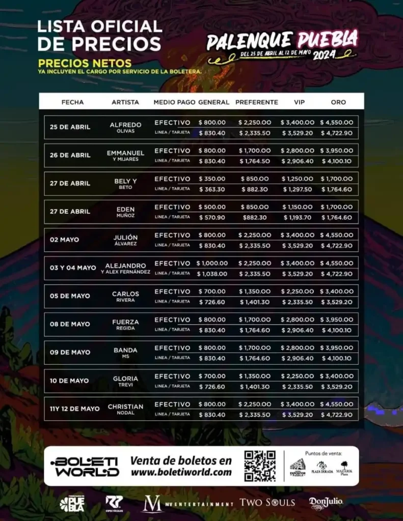 Lista de precios para ver a artistas en el palenque de Puebla.