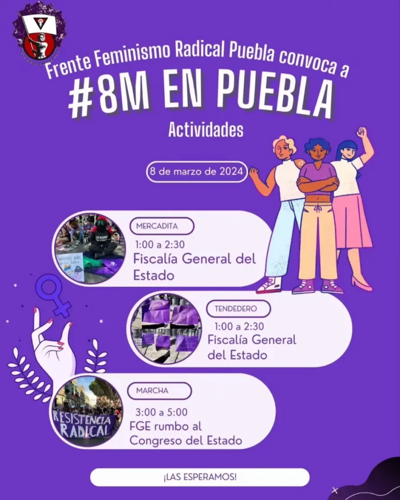 Poster sobre marcha 8M en Puebla, invitan a distintas comunidades.