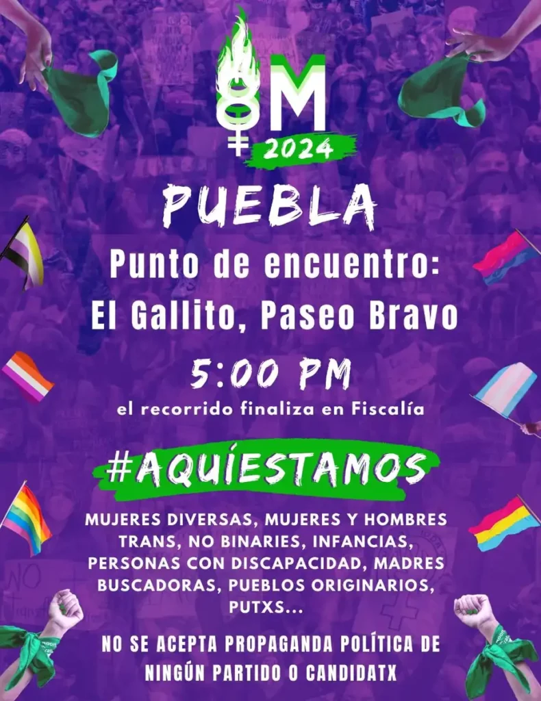 Poster donde el Frente Feminismo Radical Puebla convoca a marcha el 8M.
