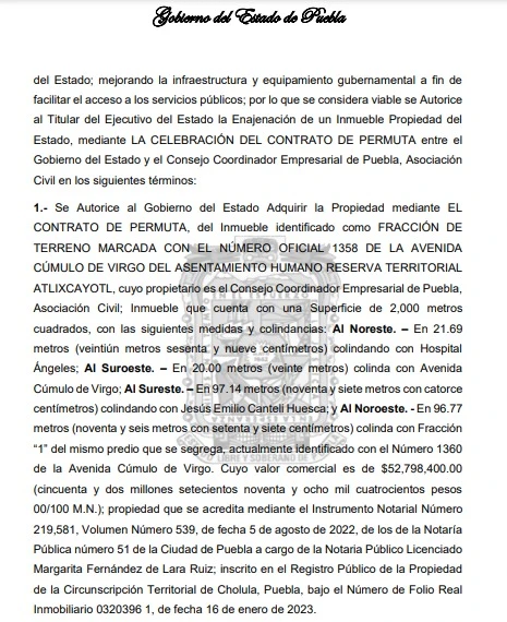 Contenido de la iniciativa para el intercambio de terrenos entre el Gobierno de Puebla y el CCE, página 1.