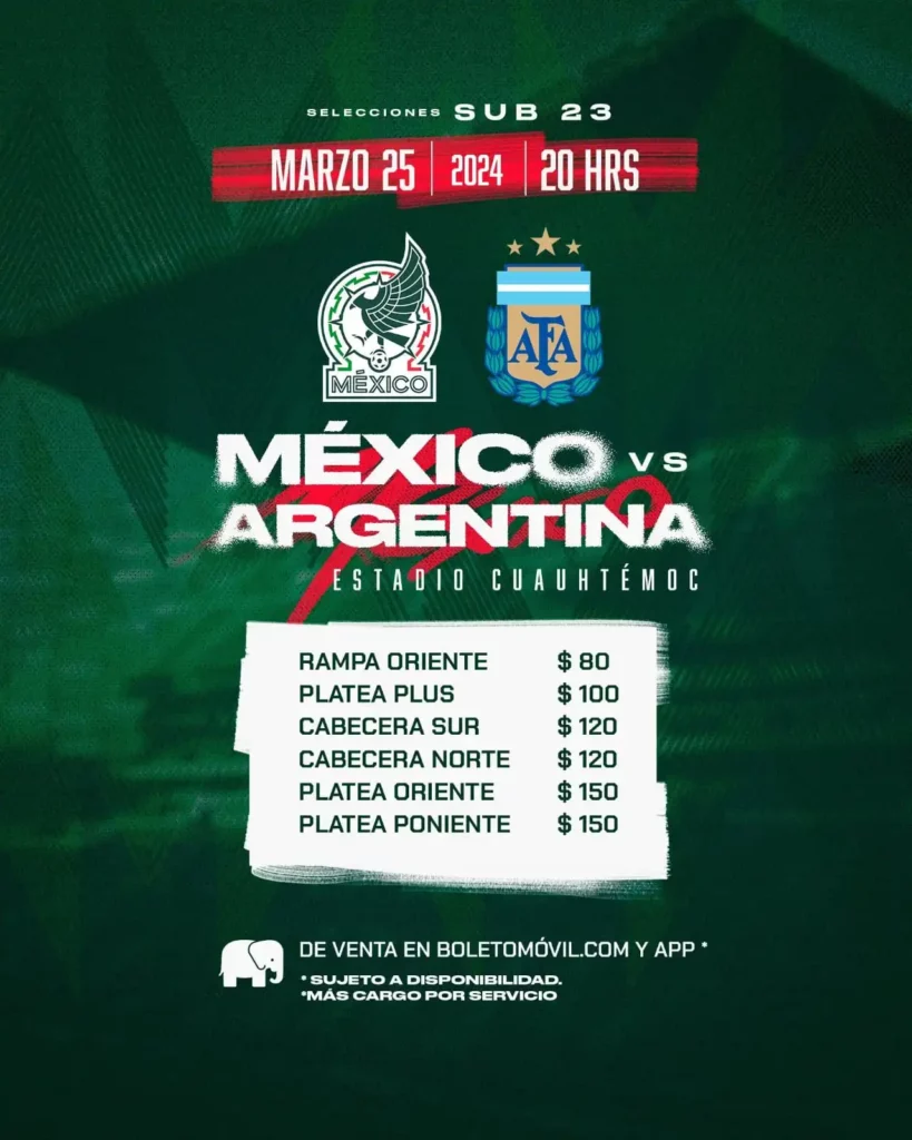 Costo de los boletos para el partido México Sub 23 vs. Argentina Cuauhtémoc