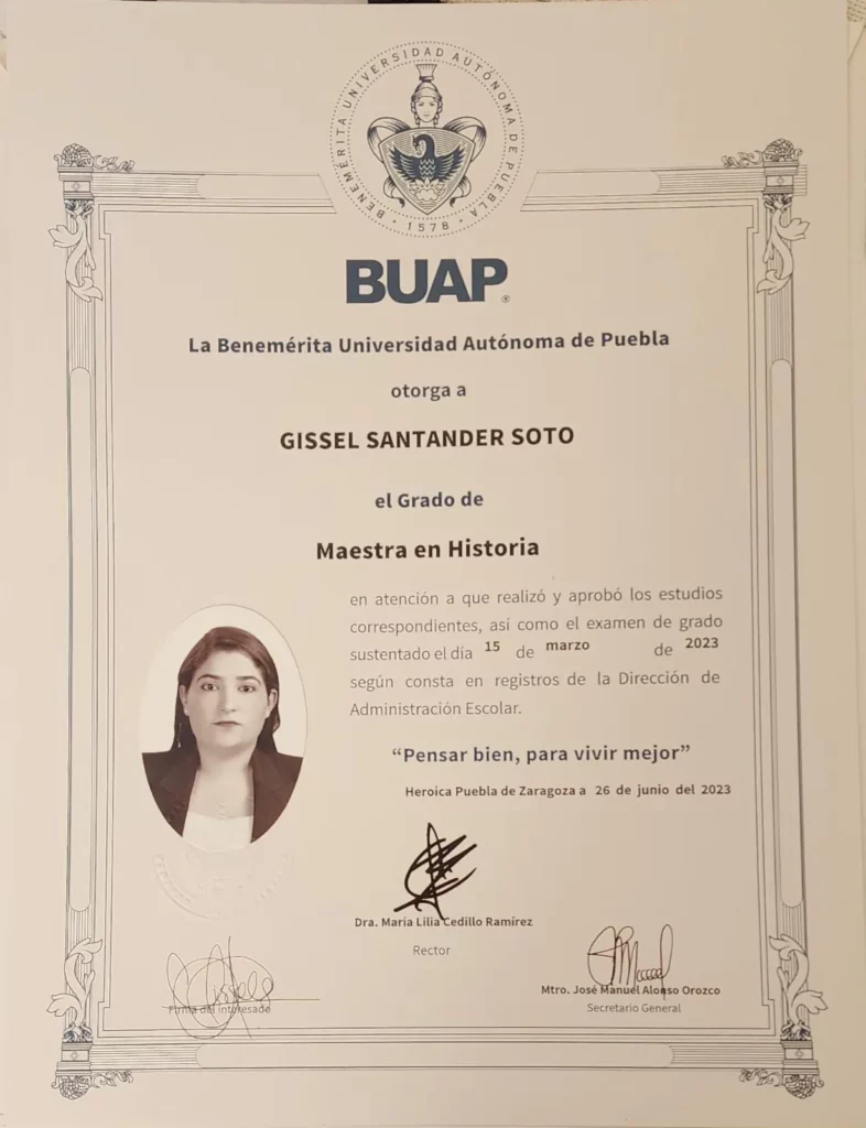 Título de maestria de Gissel Santander, candidata a diputada federal por Morena