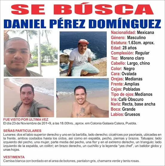 Ficha de búsqueda de Daniel Pérez Domínguez, desaparecido en 2019 en Puebla.