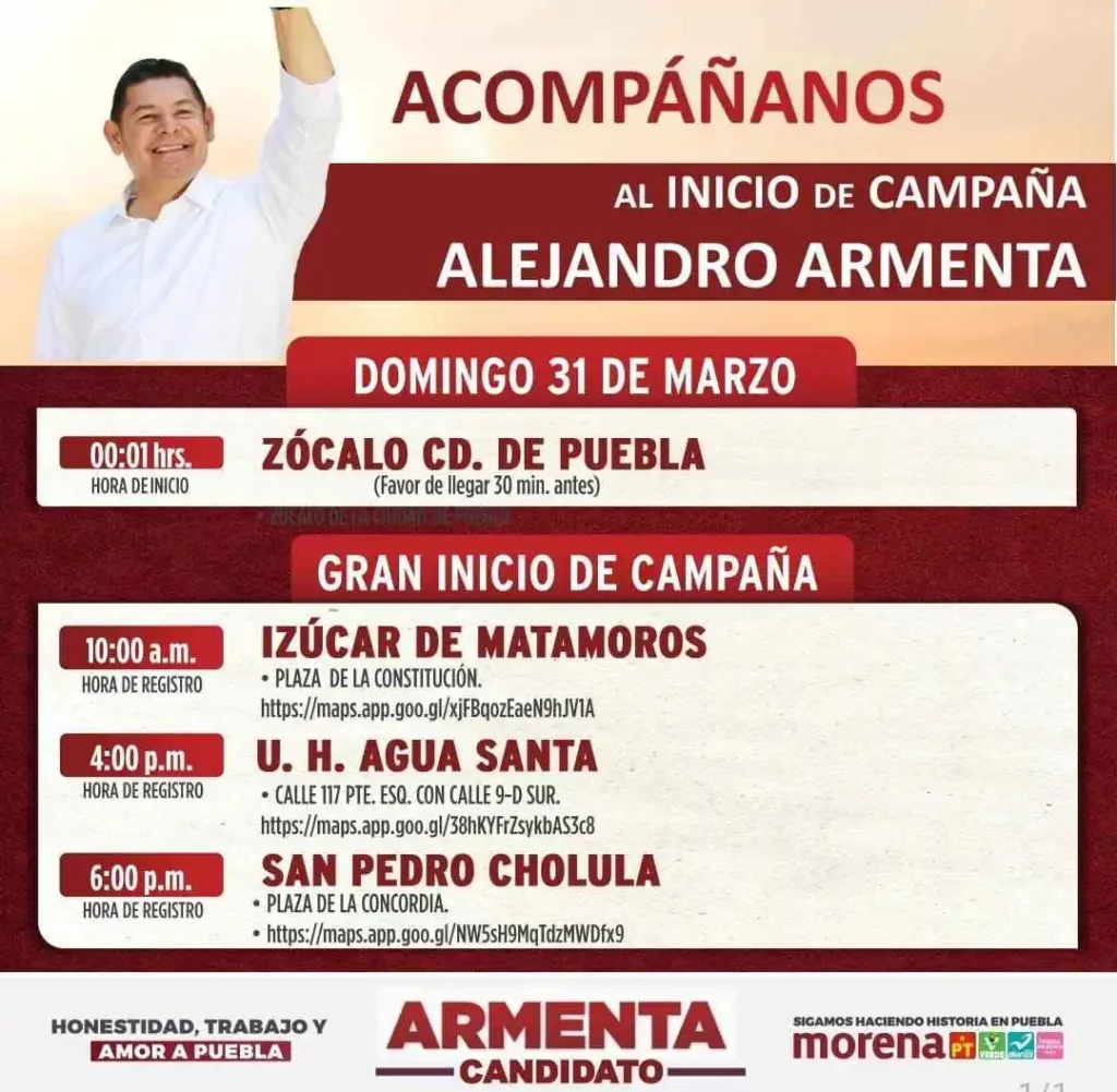 Inicio de campaña de Armenta en Puebla: esta es su agenda