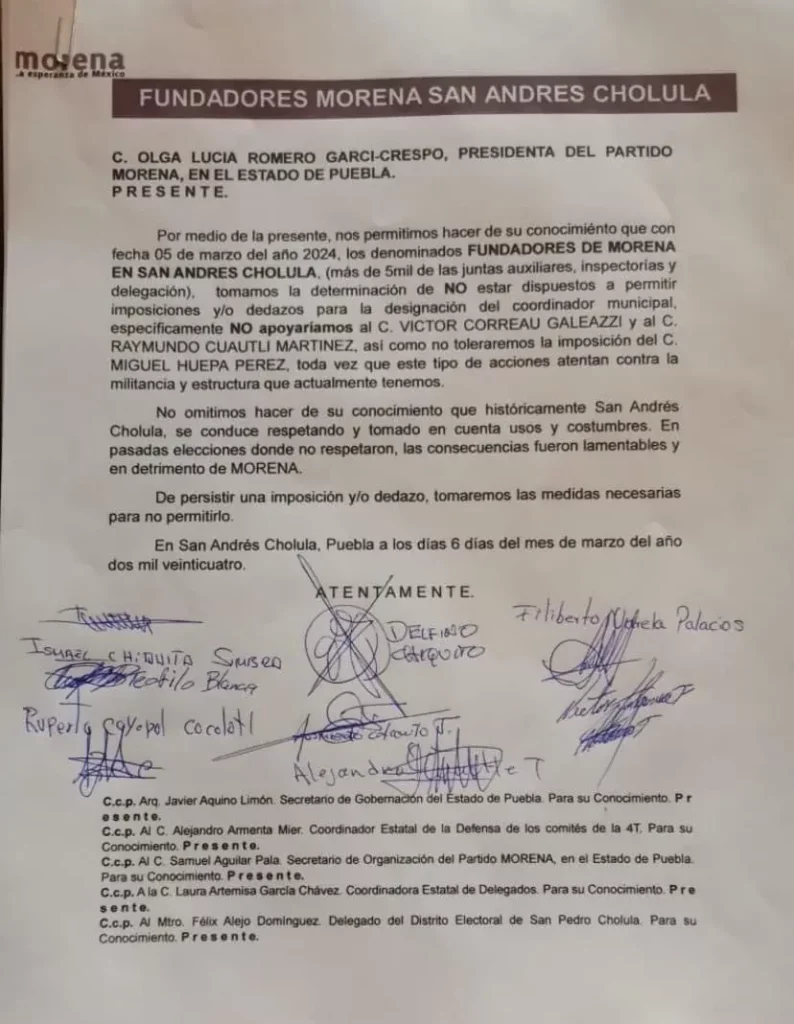 Carta de fundadores de Morena en San Andrés Cholula mostrando rechazo a dos perfiles.