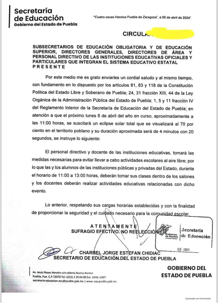 No dejar salir a alumnos durante eclipse solar 2024, instruye SEP Puebla