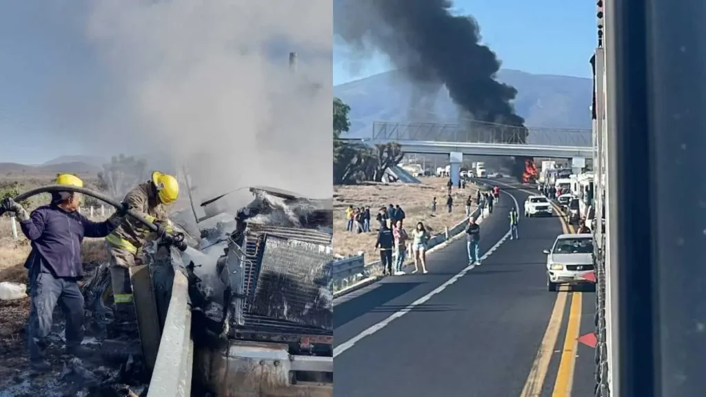 Bomberos intentan controlar incendio de pipa en carretera/ largas filas de autos en la autopista Tehuacán-Oaxaca.