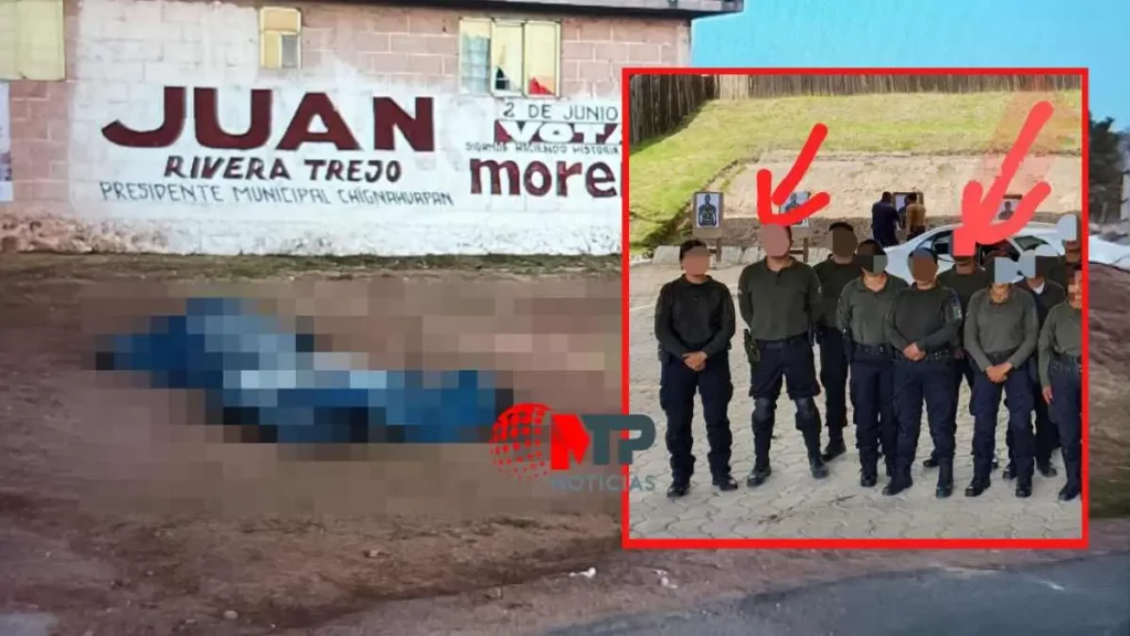 Policías estatales asesinados en balacera en Chignahuapan y al fondo escena del crimen con cadáveres.