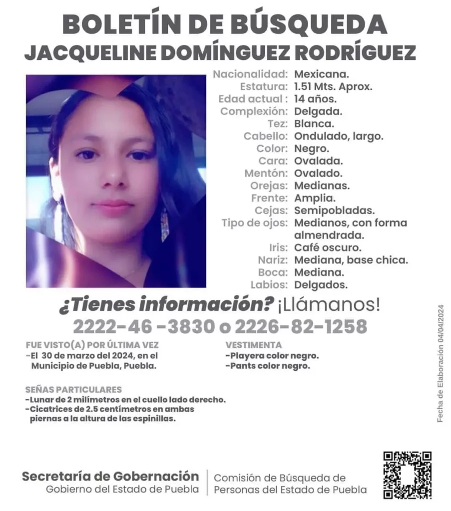 Boletín de búsqueda de Jacqueline Domínguez, adolescente desaparecida en Puebla.