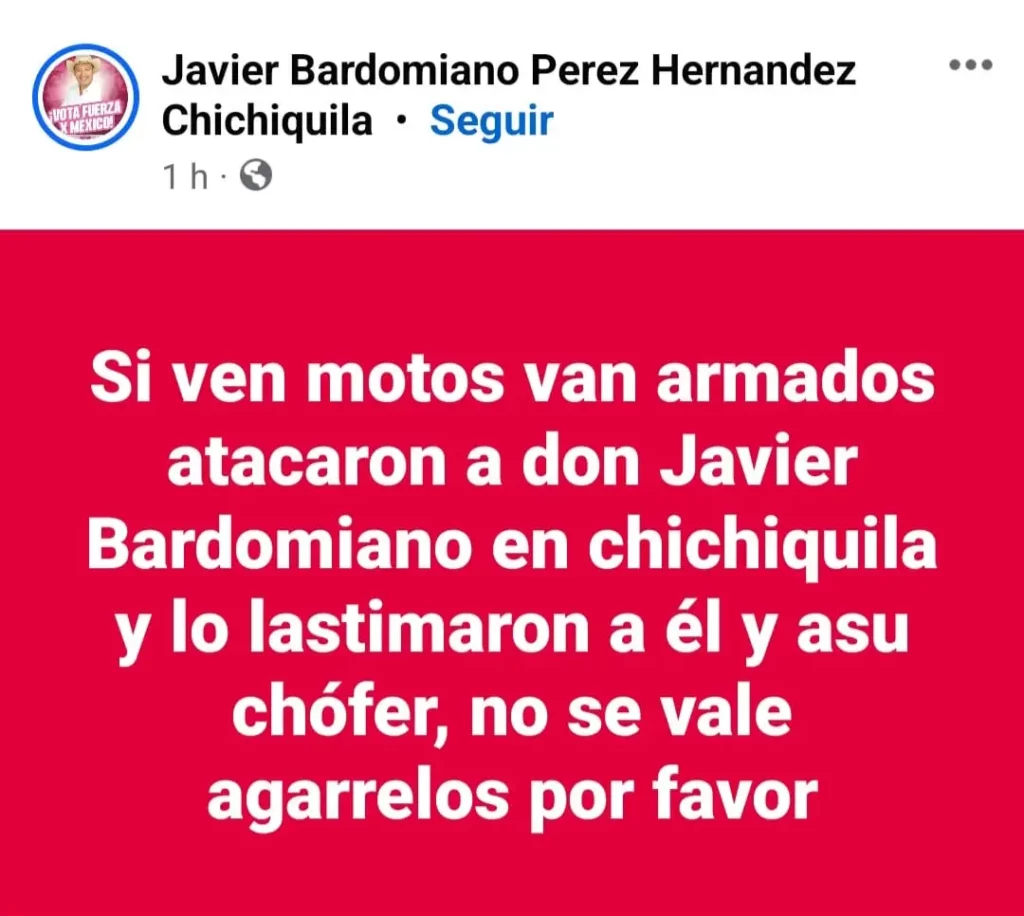 Publicación en Facebook del candidato Javier Bardomiano.