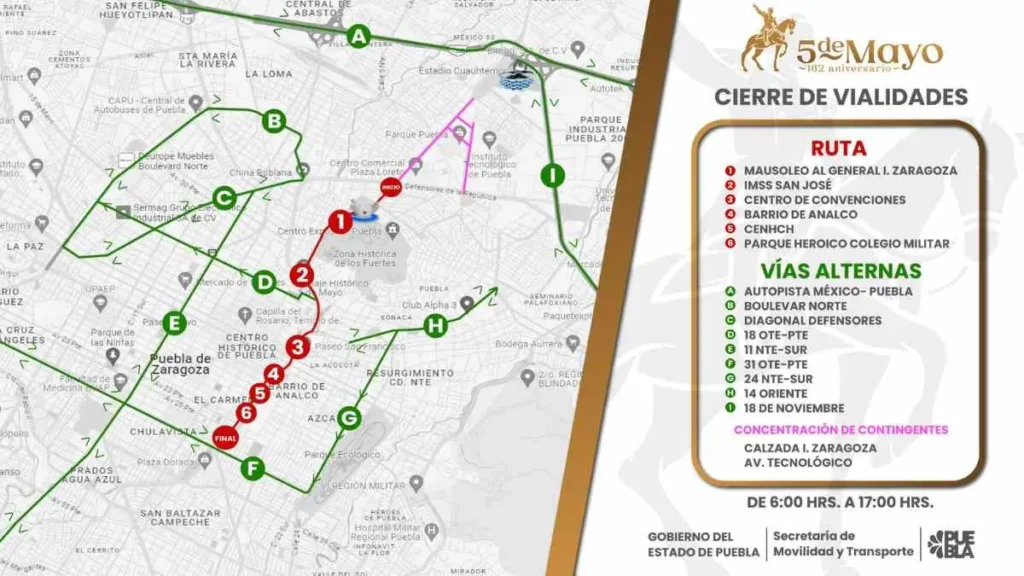 Mapa de cierres viales en Puebla por desfile del 5 de Mayo.