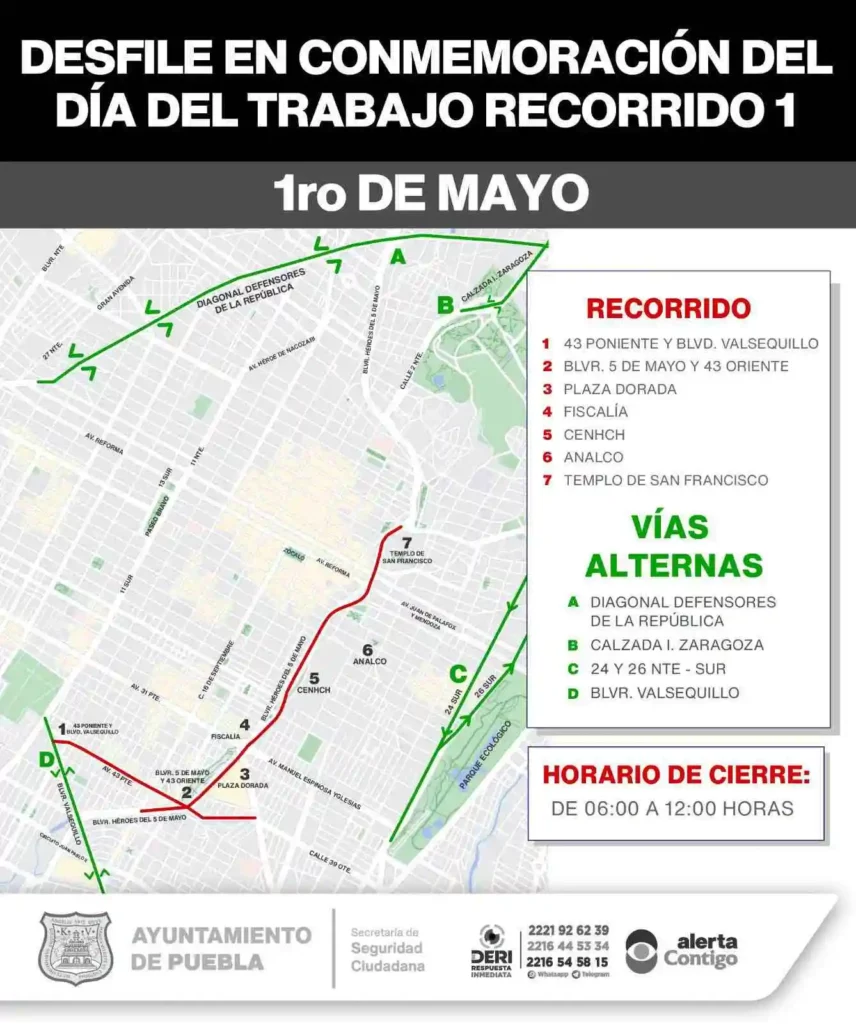 Estos son los cierres viales por desfiles del Día del Trabajo en Puebla
