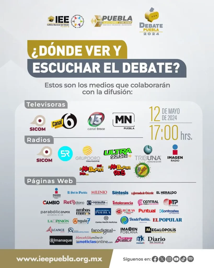 Gráfica con medios aprobados para transmitir el debate entre candidatos a la gubernatura de Puebla, entre ellos MTP Noticias.