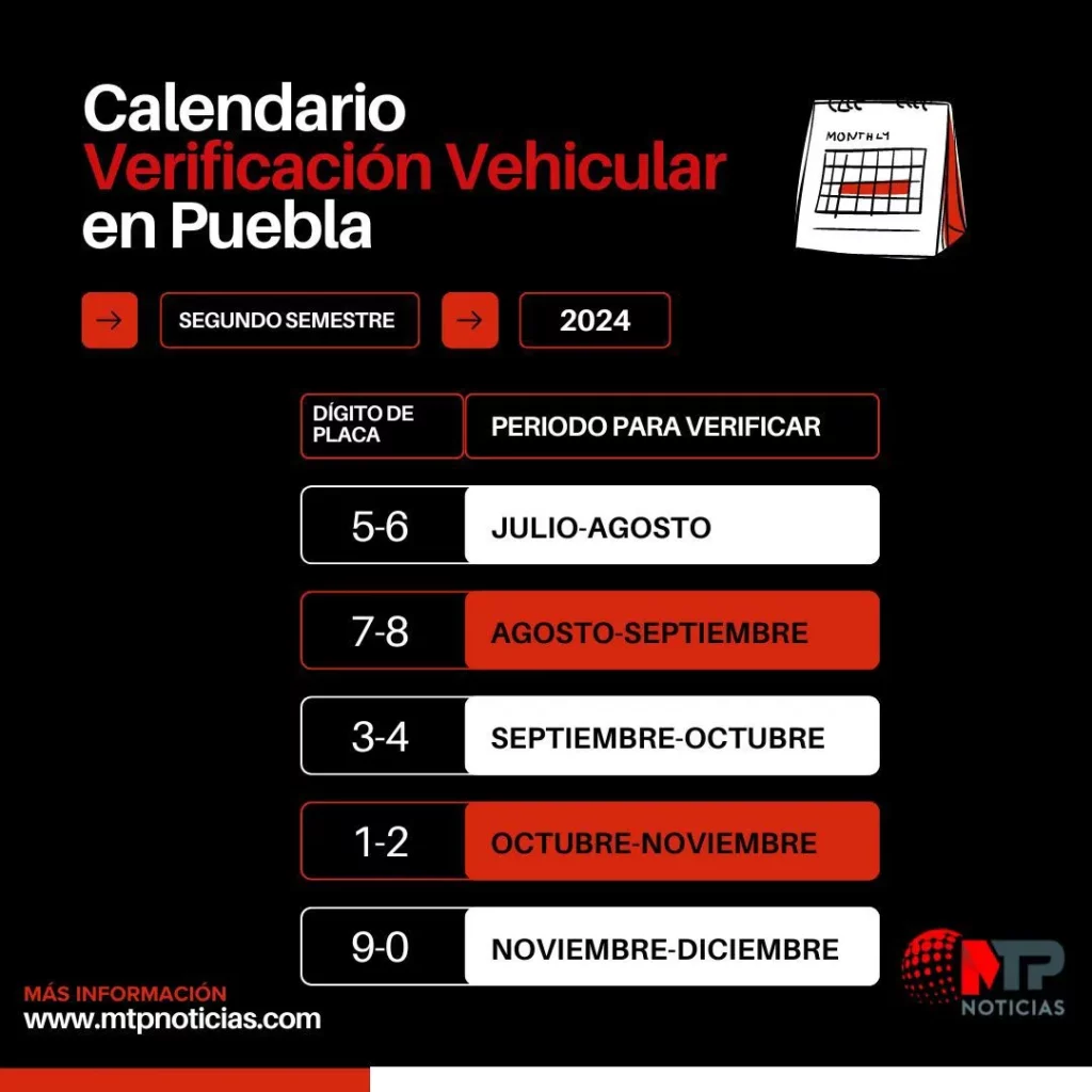 Calendario del segundo semestre de verificación vehicular Puebla