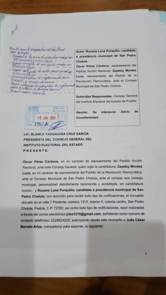 Documento de impugnación de triunfo de Tonantzin Fernández, presentado por Roxana Luna.