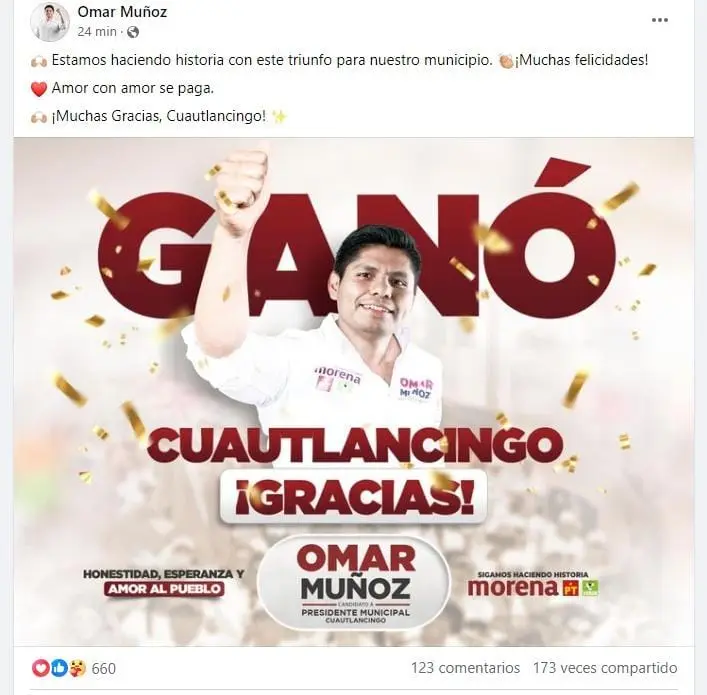 Publicación del perfil de Facebook de Omar Muñoz.