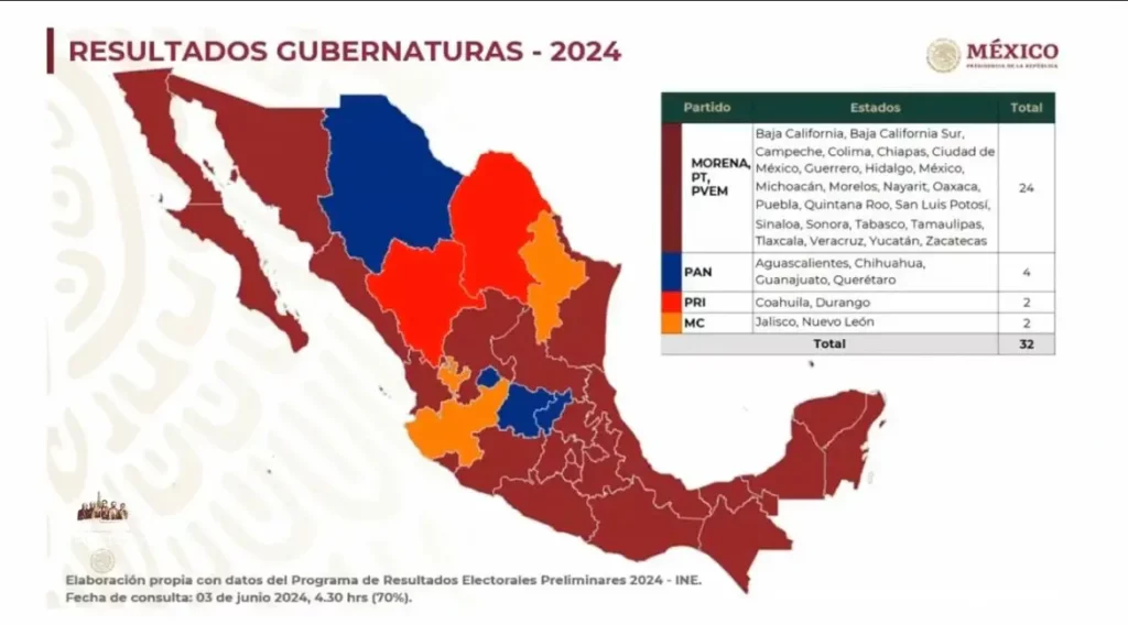 Mapa que señala 24 estados de México con gobierno estatal a cargo de Morena.