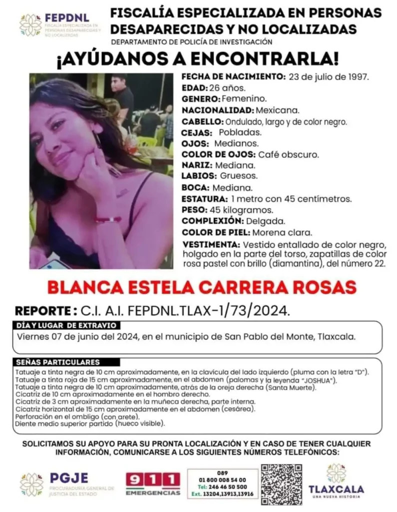 Ficha de búsqueda de Blanca, mujer desaparecida en Tlaxcala.