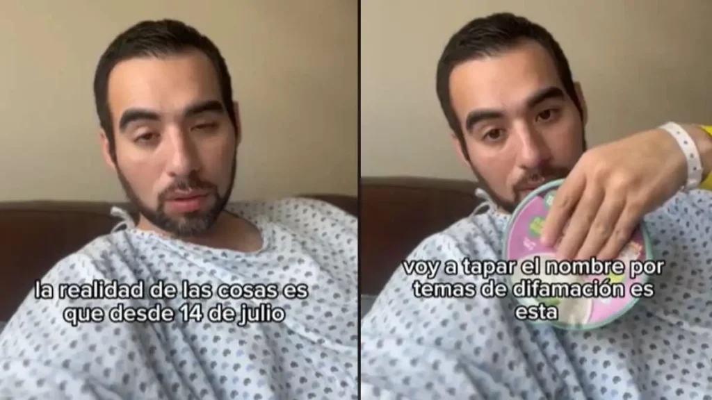 Hombre en cama de hospital muestra sopa por la que le quitaron un trozo de intestino.