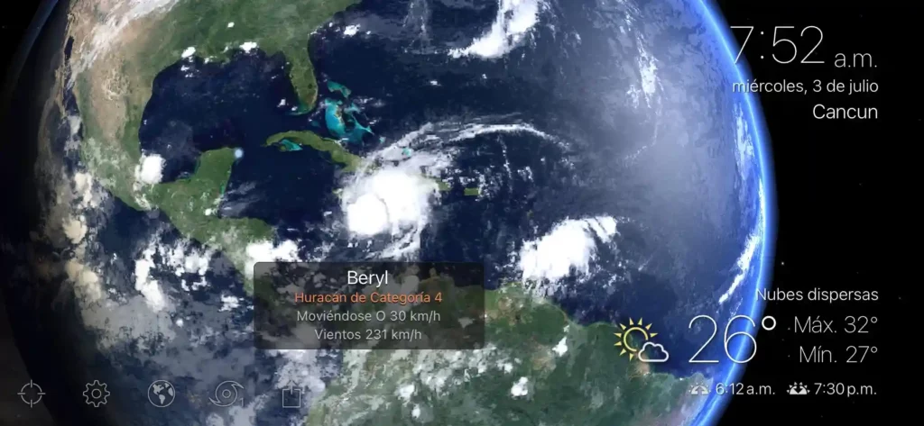 Trayectoria de huracán Beryl, cerca de Jamaica, vista satelital.