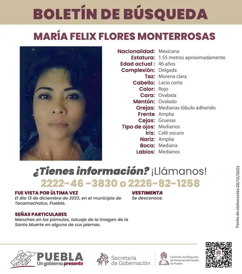 María Félix Flores, desaparecida en viaje hacia Tepexi de Rodríguez, Puebla.