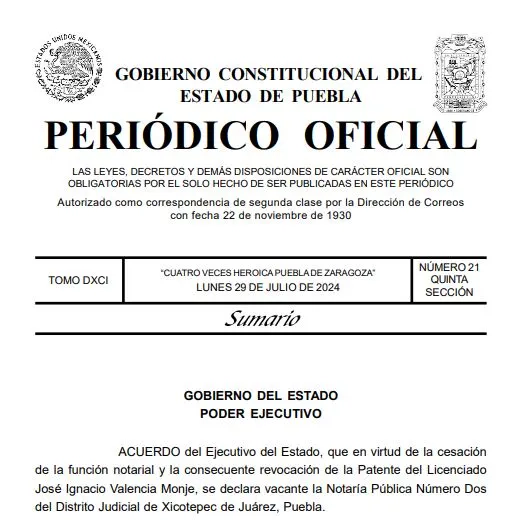 Queda vacante la Notaría 2 de Xicotepec: revocan patente a Ignacio Valencia