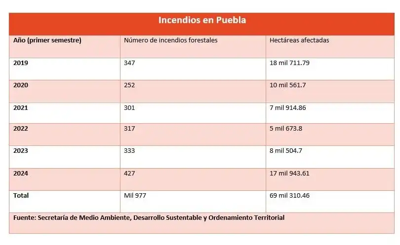 Incendios forestales en Puebla 427 en primer semestre 2024, la cifra más alta en cinco años