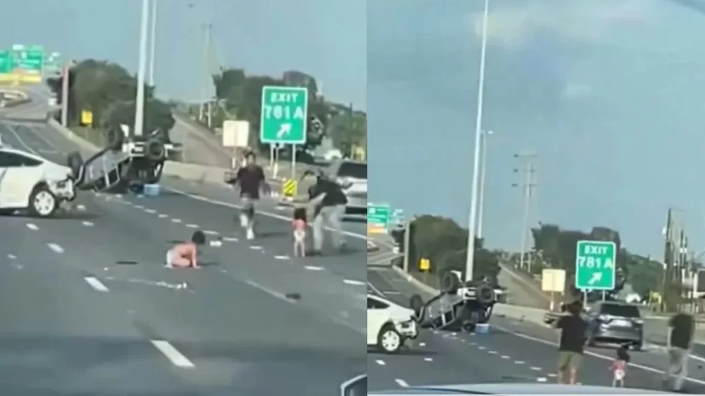 Bebés caminan en carretera de Texas tras volcadura de camioneta (VIDEO)