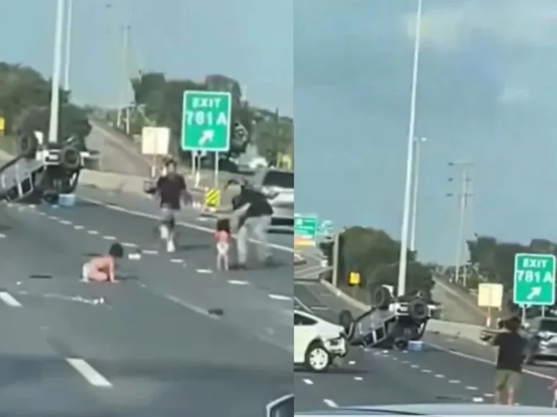 Bebés caminan en carretera de Texas tras volcadura de camioneta (VIDEO)