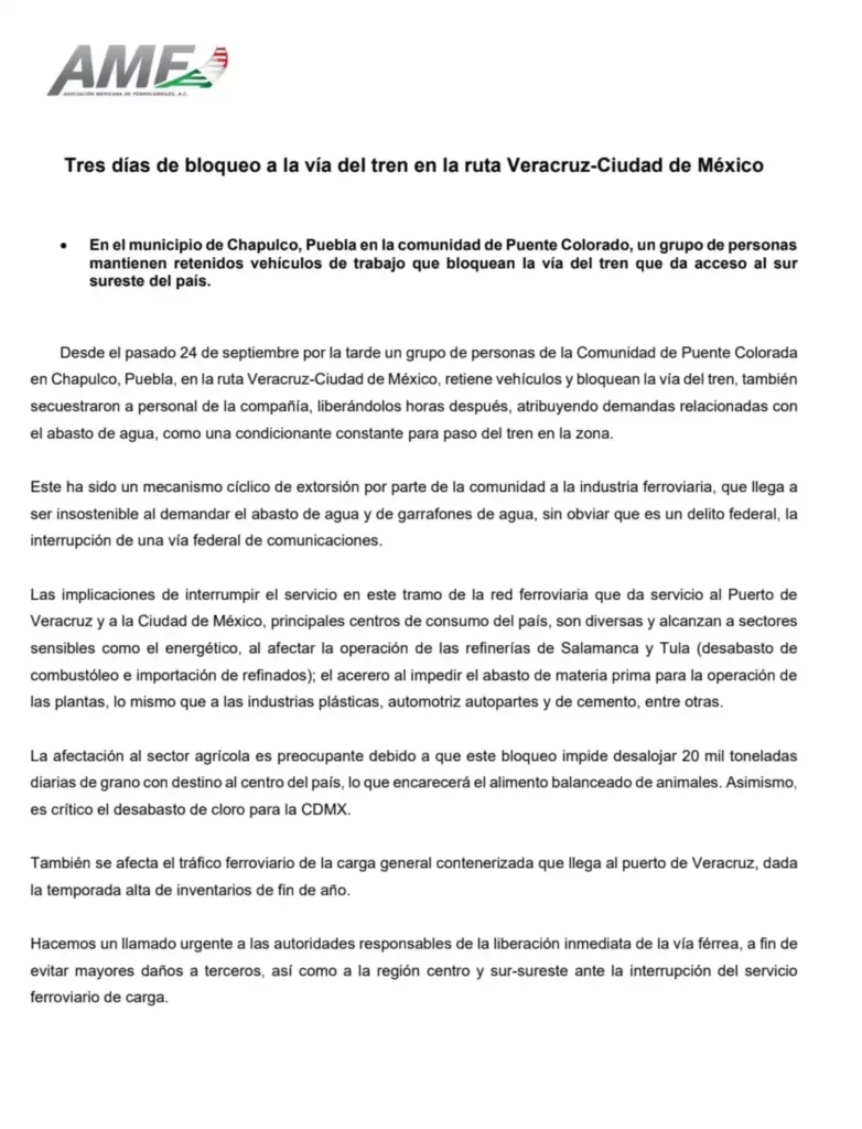 Bloqueo de ferrocarriles en Chapulco, Puebla provoca desabasto de cloro en la CDMX